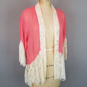Coral and Ivory Sheer Kimono with Lace Womens Size